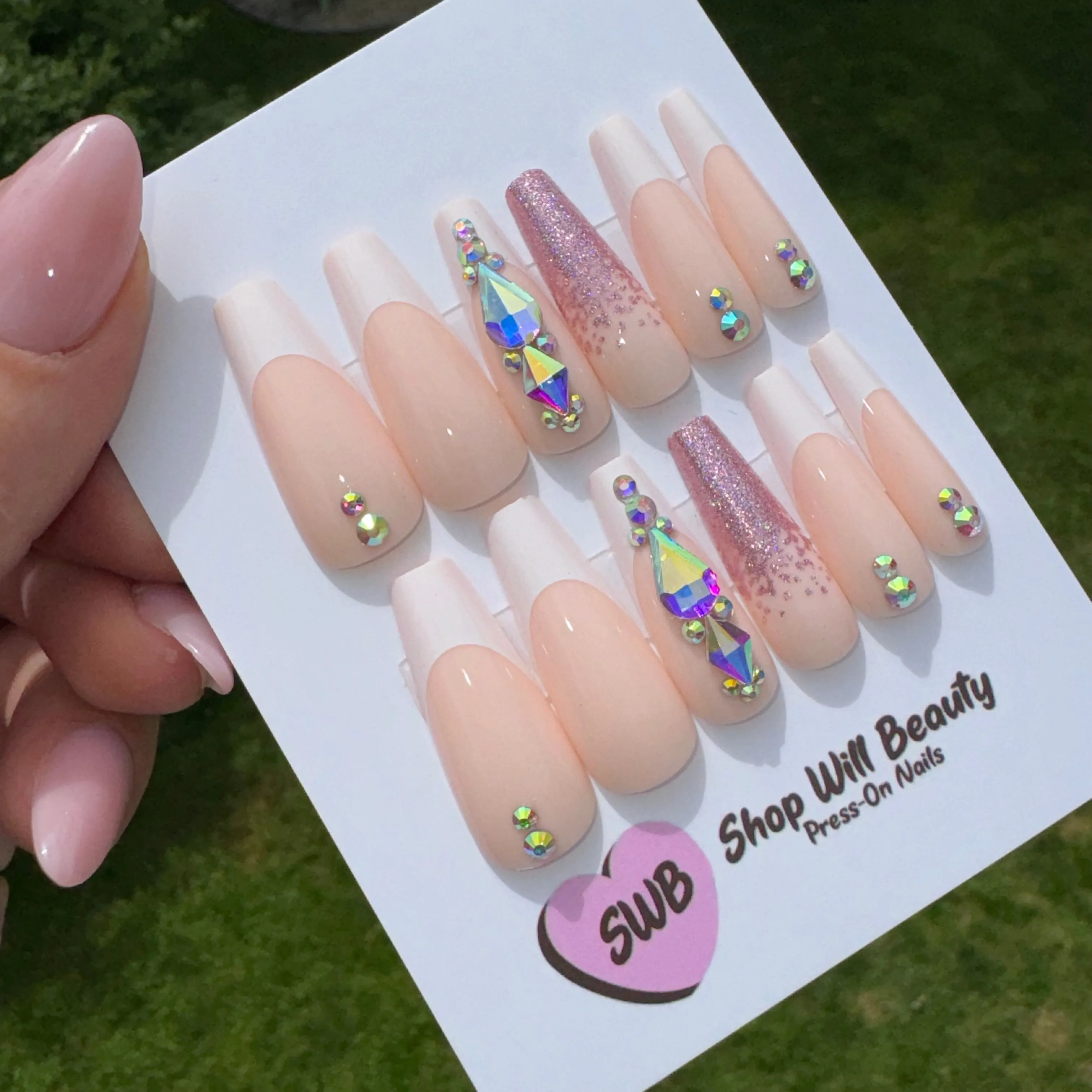 White Bling French Tip Coffin Press On Nails
