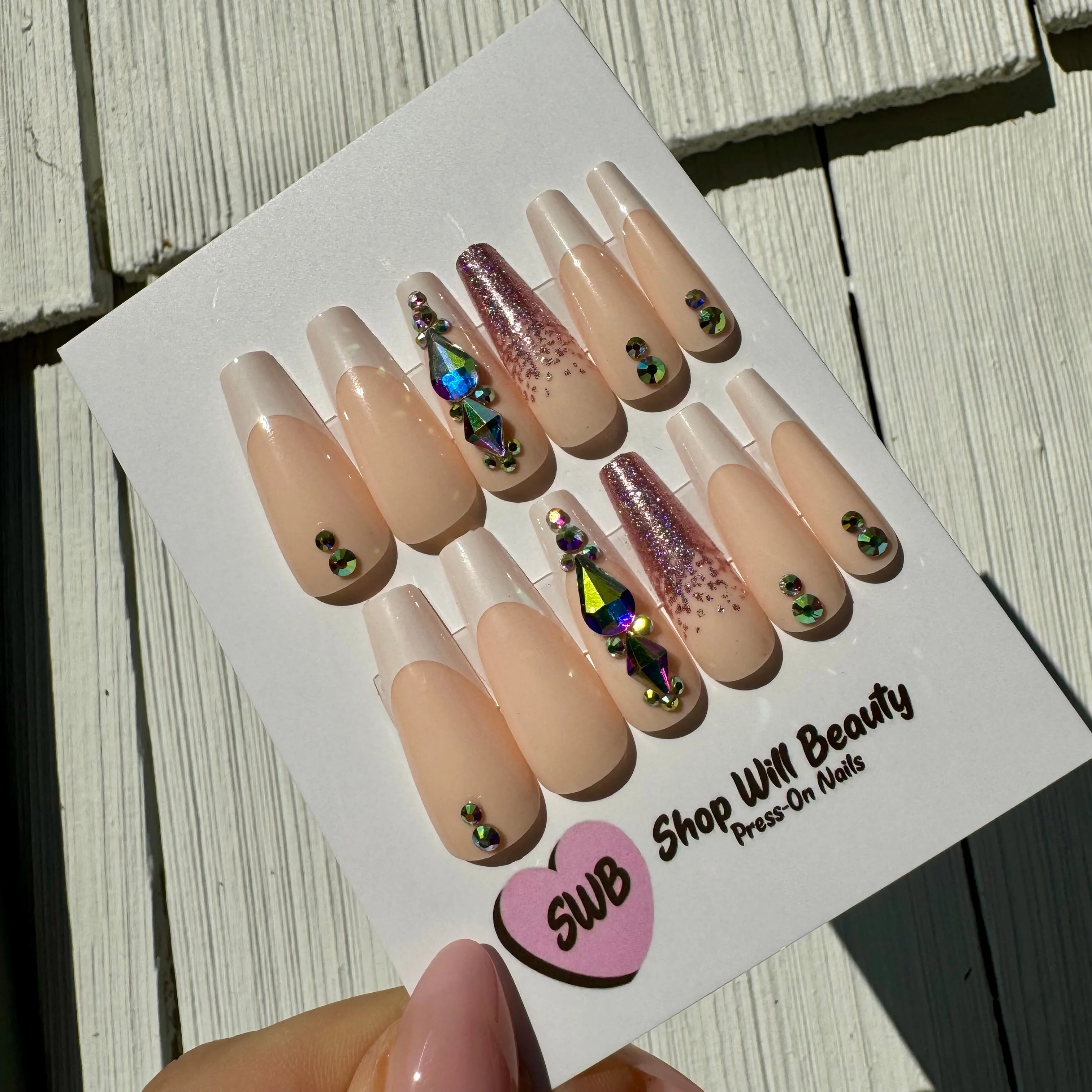 White Bling French Tip Coffin Press On Nails