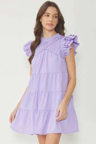White Pintuck Yoke Tiered Flutter Sleeve Dress