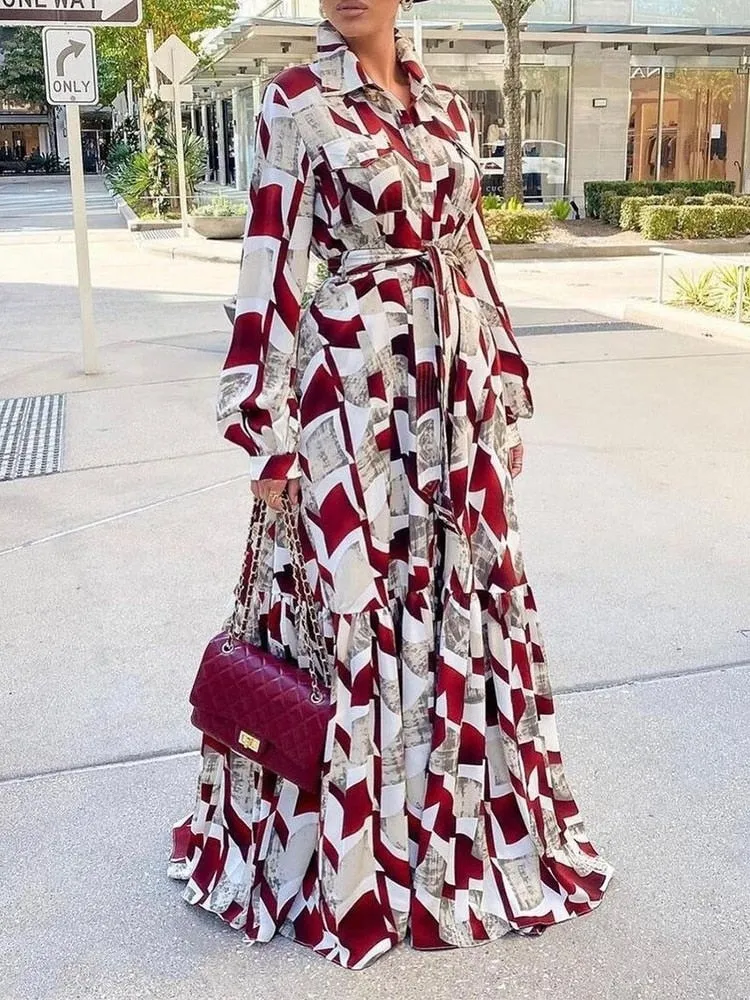 Women Vintage Floral Printed Full Sleeve Spring Autumn Dress Retro Office Maxi Elegant Ladies Party Long Shirt Dresses 3XL