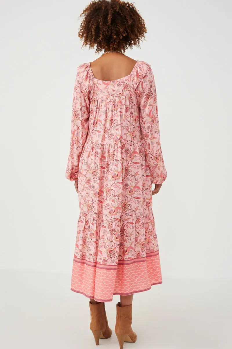 Womens Border Print Long Sleeve Ruffle Shoulder Dress