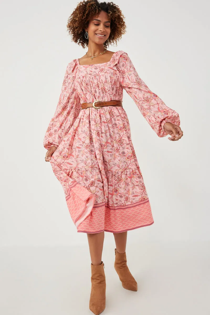 Womens Border Print Long Sleeve Ruffle Shoulder Dress