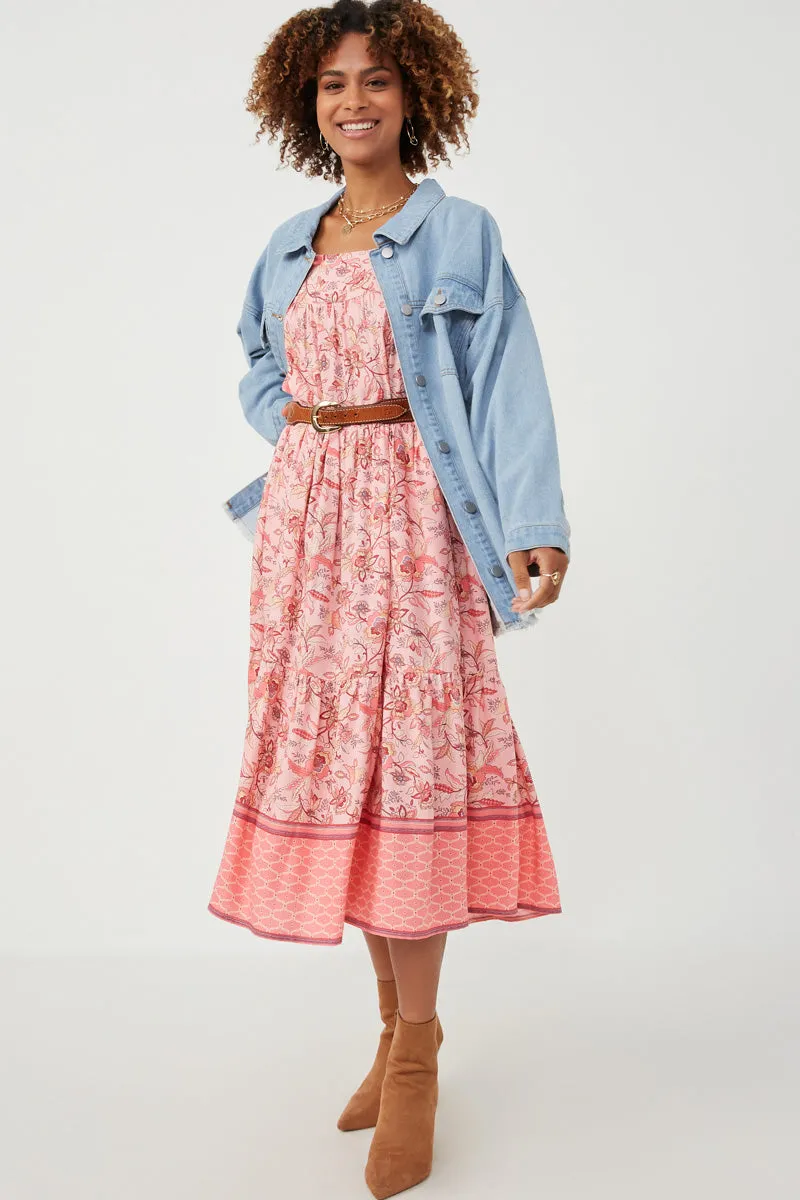 Womens Border Print Long Sleeve Ruffle Shoulder Dress