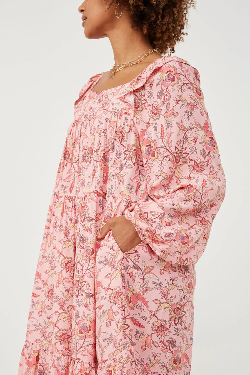 Womens Border Print Long Sleeve Ruffle Shoulder Dress