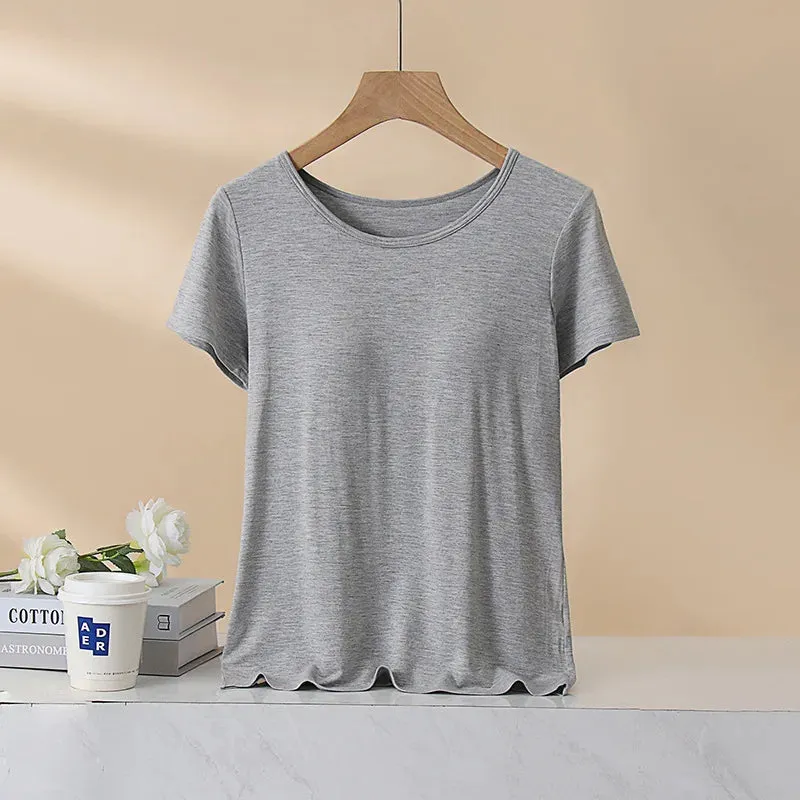 Women's T-Shirt with Chest Pad Tops  One-Piece Bra Cup Slim T Shirt Female Summer Top Bottoming Shirts Home Wear Women Pajamas
