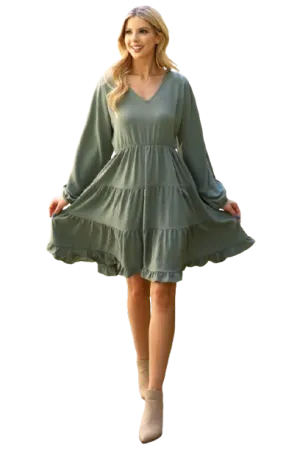 Woven Puff Sleeve V Neck Elastic Waist Tiered Dress Olive - Pack of 6