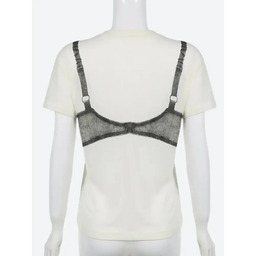 Y2K Style Relaxed Tee with Peek-a-Boo Lace Bra Detail
